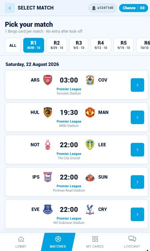 EPL match list on iFootball Bingo — pick your match