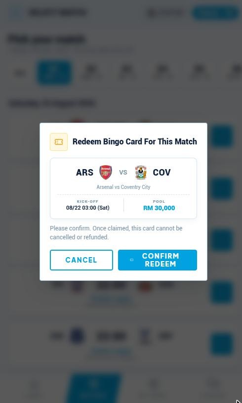Redeem Bingo Card for this match confirmation panel